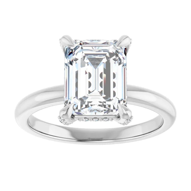 White Gold Emerald Engagement Ring With Hidden Halo