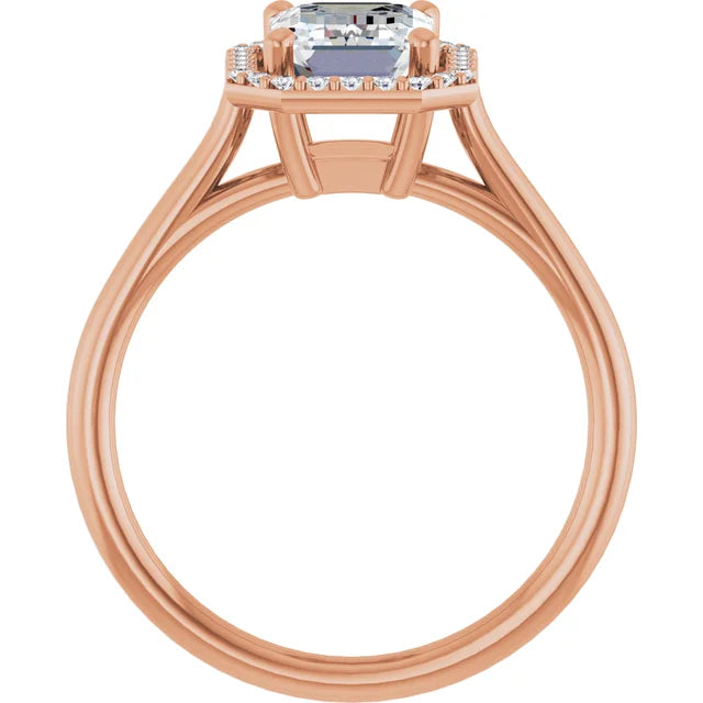 Elegant emerald cut engagement ring with halo in rose gold band