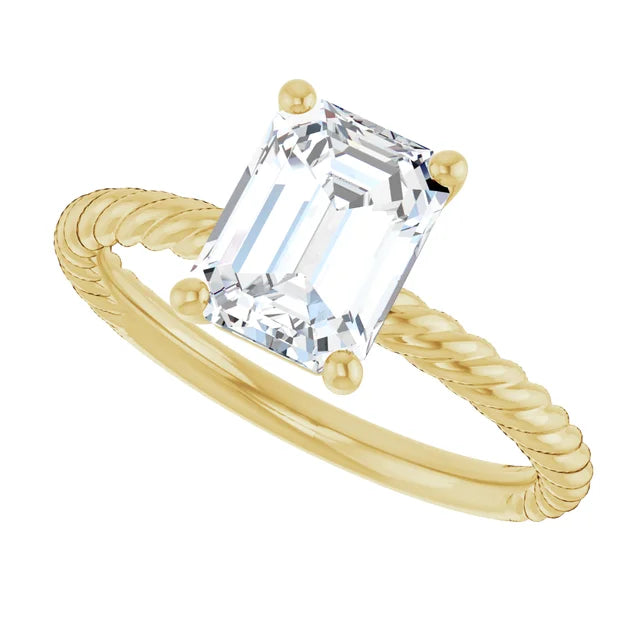 2.15 mm emerald solitaire engagement ring with a twisted 
yellow gold band