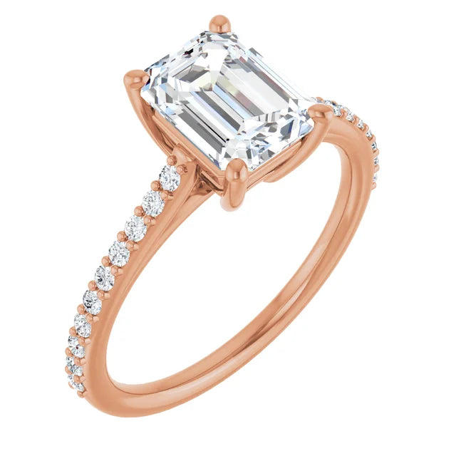Emerald Engagement Ring in 1.60 mm rose gold slim diamond band