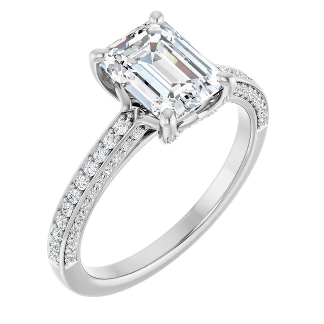 Emerald engagement ring in 2.00 mm with diamond-studded band, white gold