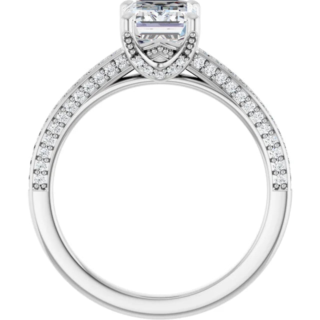 Emerald engagement ring in 2.00 mm with diamond-encrusted shank, white gold