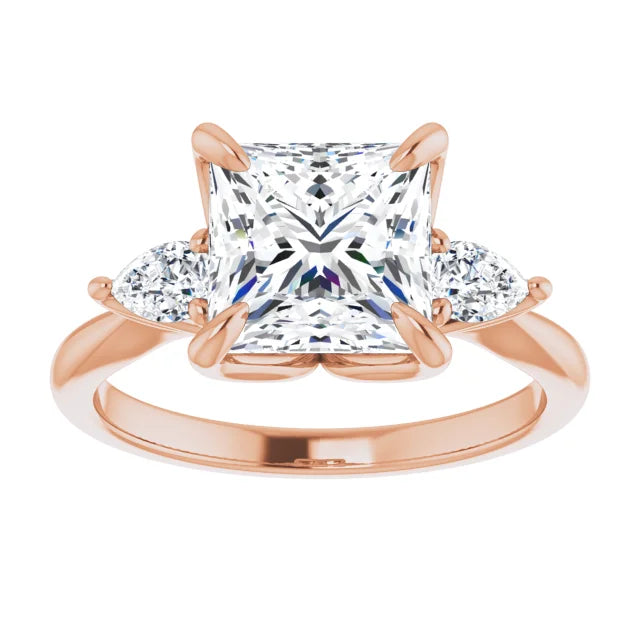 Rose gold princess cut diamond three stone engagement ring