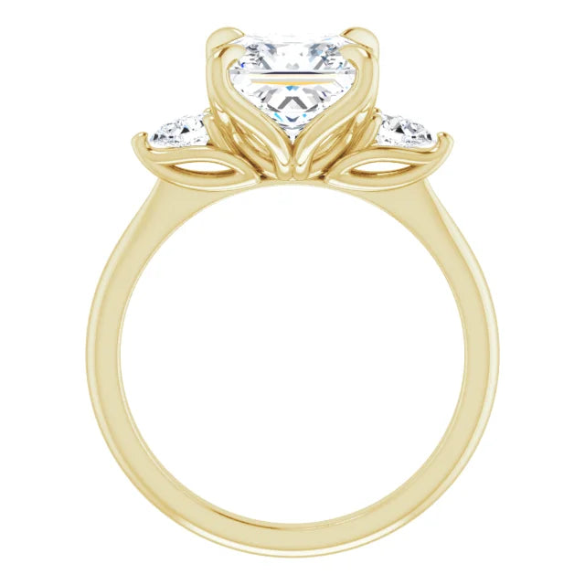 Princess cut diamond ring with side stones in yellow gold