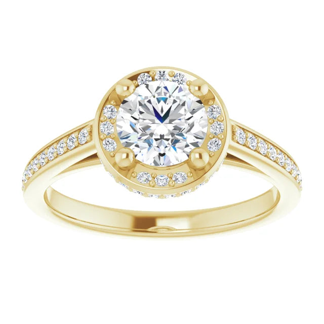 Unique yellow gold engagement ring with halo