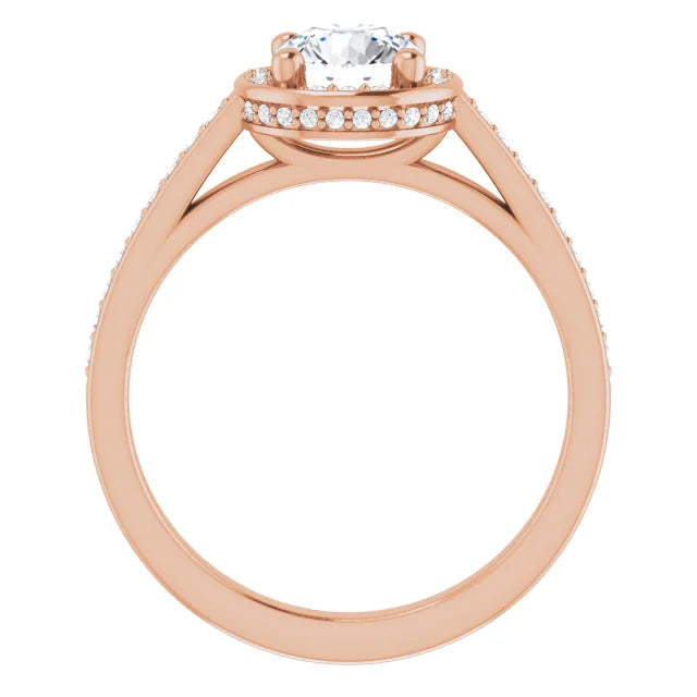 Rose gold ring with round diamond and halo