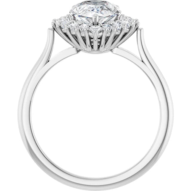White gold pear engagement ring with diamond halo
