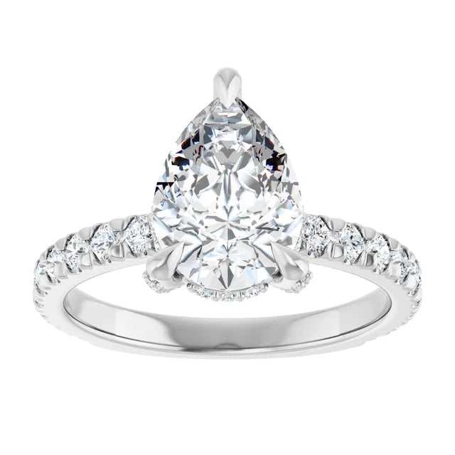 Elegant pear cut halo engagement ring with diamond accents