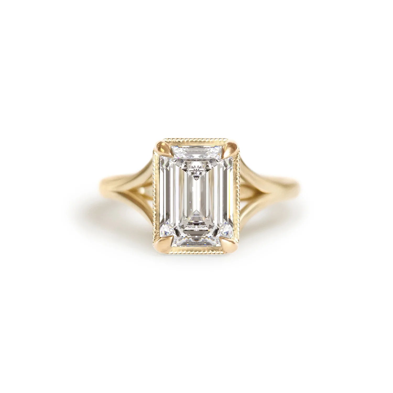 Yellow Gold Split Shank Emerald Solitaire Engagement Ring