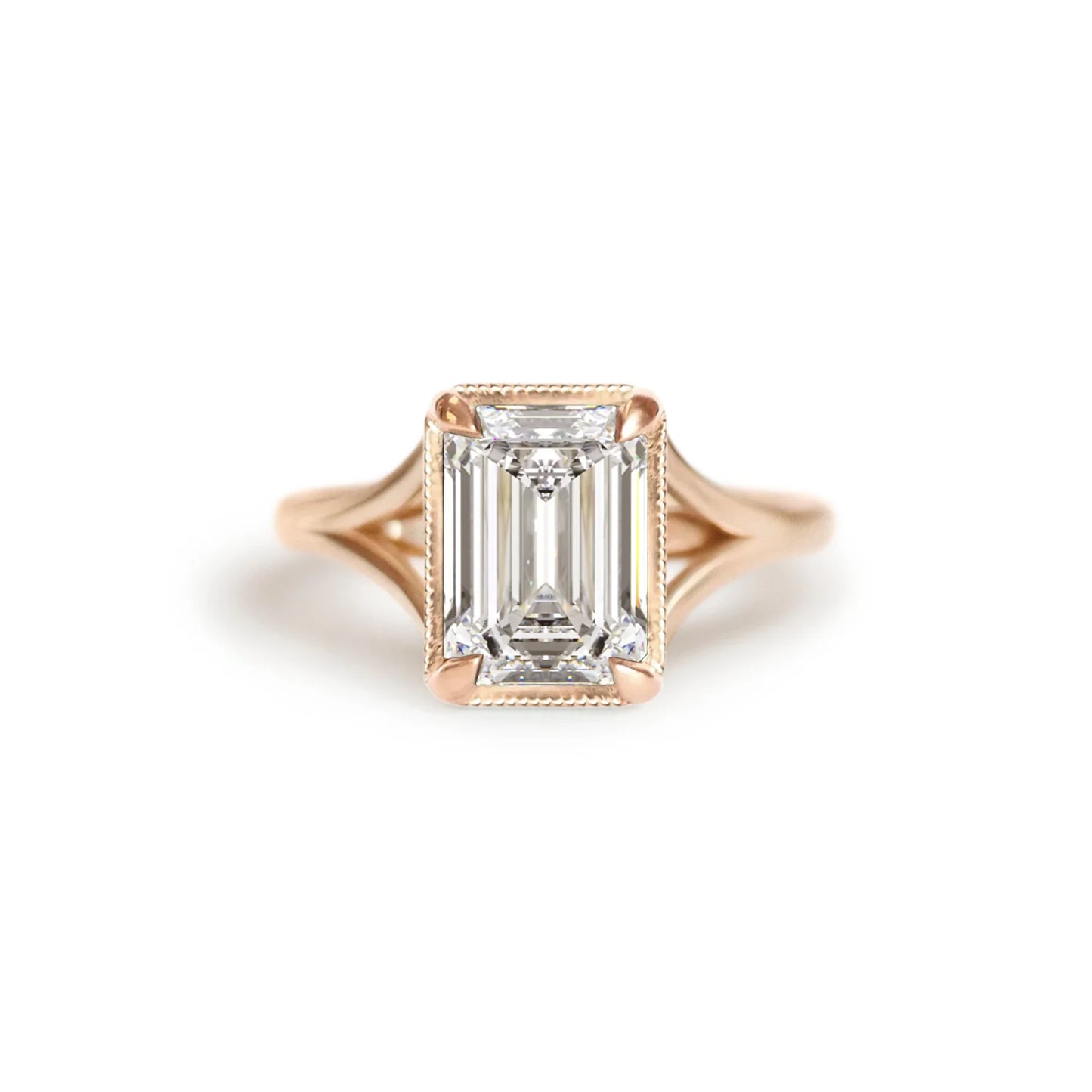 Radiant Split Shank Emerald Solitaire Ring, rose gold setting