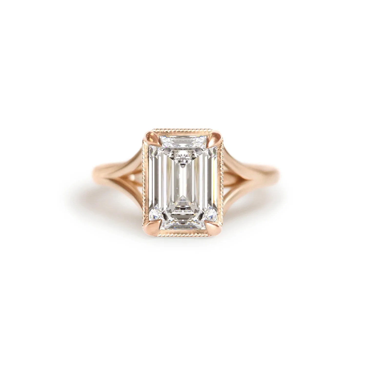 Radiant Split Shank Emerald Solitaire Ring, rose gold setting